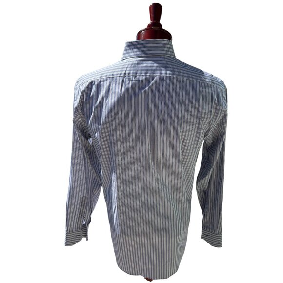 LORENZO UOMO Men's Blue White Brown Stripe Trim Fit Button Up Shirt 16 (34-35) - Picture 4 of 4